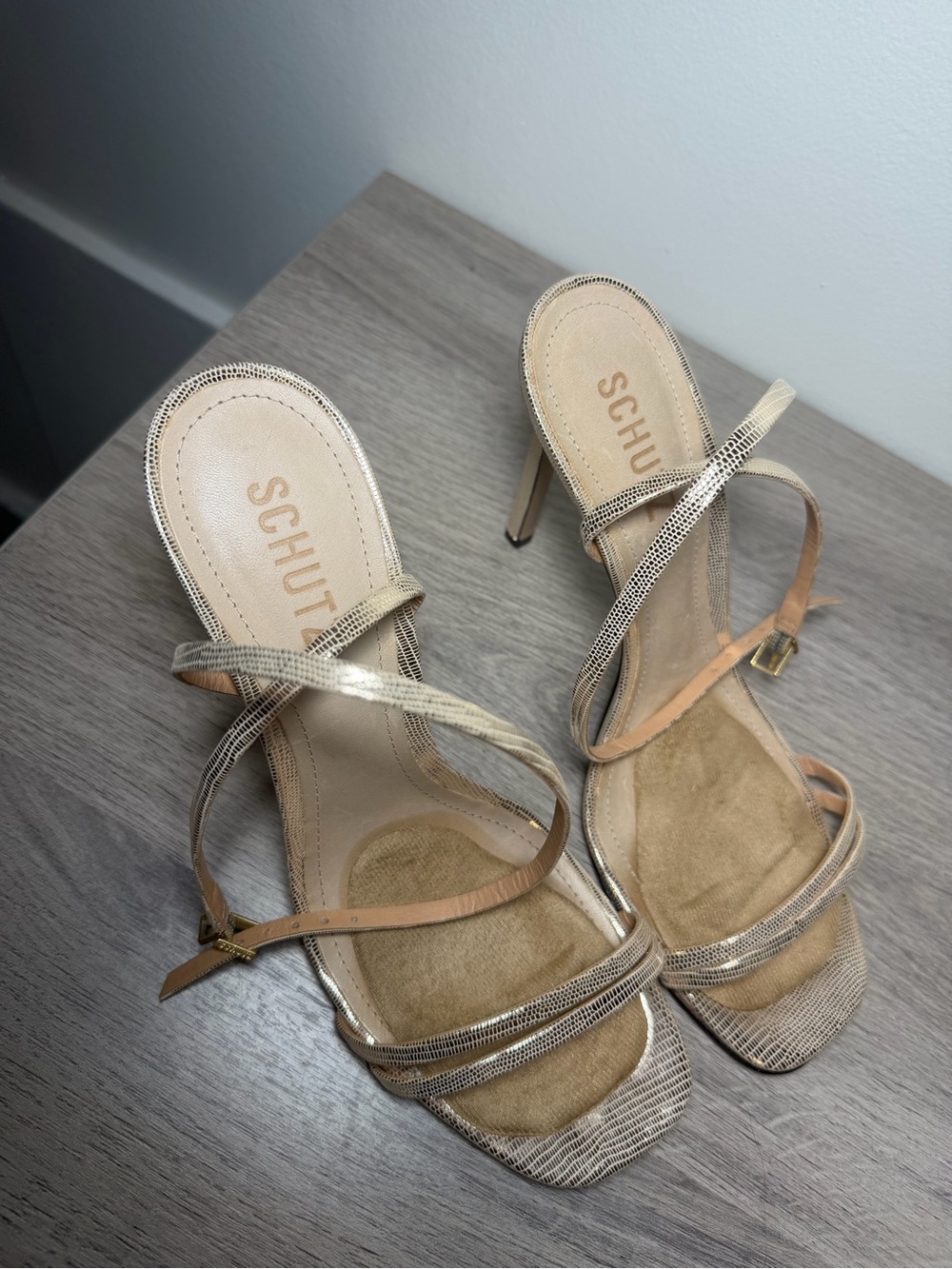 SCHUTZ Metallic Gold Strappy Stiletto Sandals 8.5
